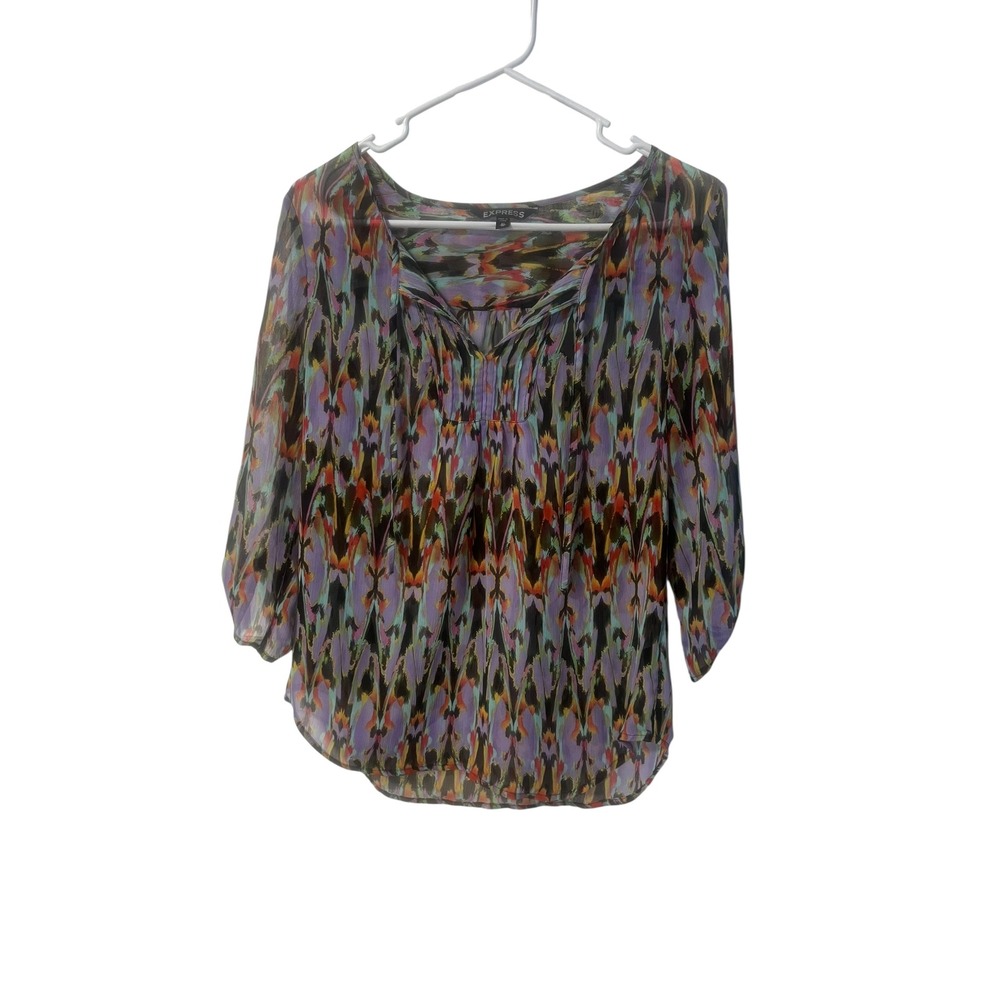 Express‎ Blouse Abstract Print 3/4 Sleeve Sheer Top XS